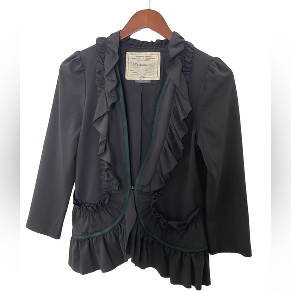 Anthro Cartonnier Black Ruffle Blazer Jacket with Green Piping Detail Size S - Picture 12 of 12